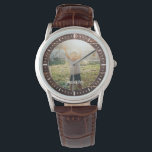 Reloj De Pulsera Elegante foto de nombre personalizado de madera rú<br><div class="desc">¡Perfecto regalo de mantenimiento para el mejor padre de la historia! Este reloj rústico moderno incluye una foto favorita junto con tu nombre personalizado en un panel de madera marrón oscura.</div>