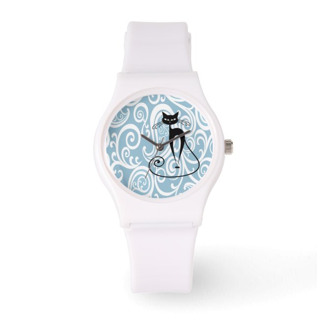 Reloj De Pulsera Elegante gato negro suave patrón floral (Anverso)