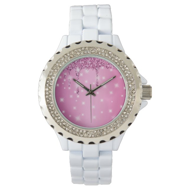 Reloj De Pulsera Elegante goteo de Purpurina rosado caliente (Anverso)