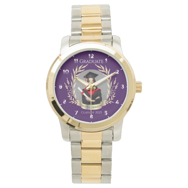 Reloj De Pulsera Elegante Graduación de Foto Morado y Oro (Anverso)