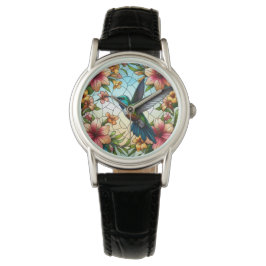 Reloj De Pulsera Elegante Hummingbird Efecto Cristal Manchado