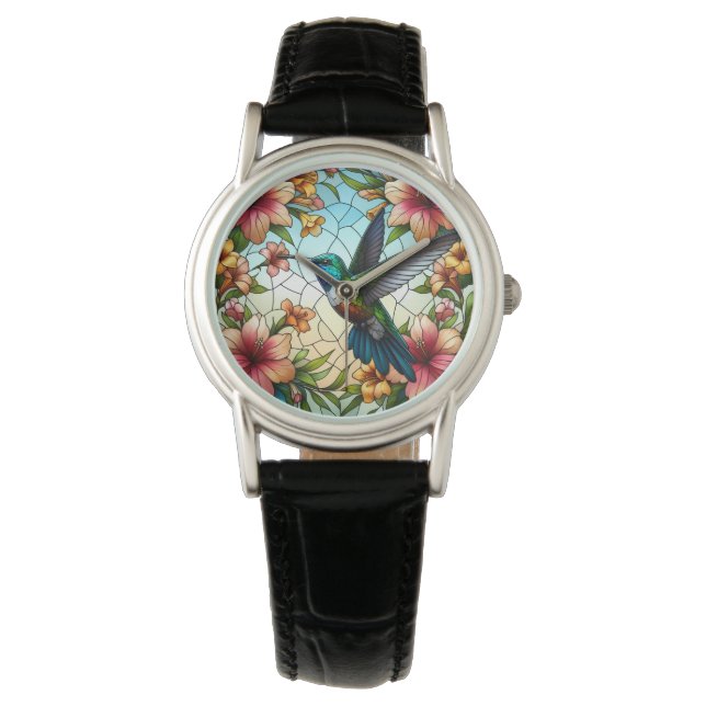 Reloj De Pulsera Elegante Hummingbird Efecto Cristal Manchado (Anverso)