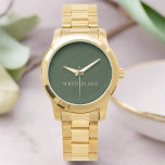 Reloj De Pulsera Elegante Lujo Oscuro Verde y Dorado Cumpleaños<br><div class="desc">Un reloj elegante con una correa de textura de cuero verde oscuro con acentos de escritura dorada. Este sofisticado diseño combina lujo y estilo,  ofreciendo un accesorio intemporal que añade un toque de refinamiento a cualquier conjunto.</div>