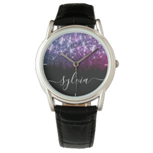 Reloj De Pulsera Elegante Luminoso Oscuro Purpurina Púrpura Nombre