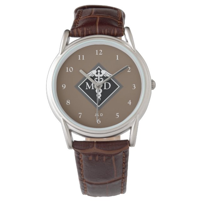 Reloj De Pulsera Elegante Médica MD Caduceus Brown Black Monograma (Anverso)