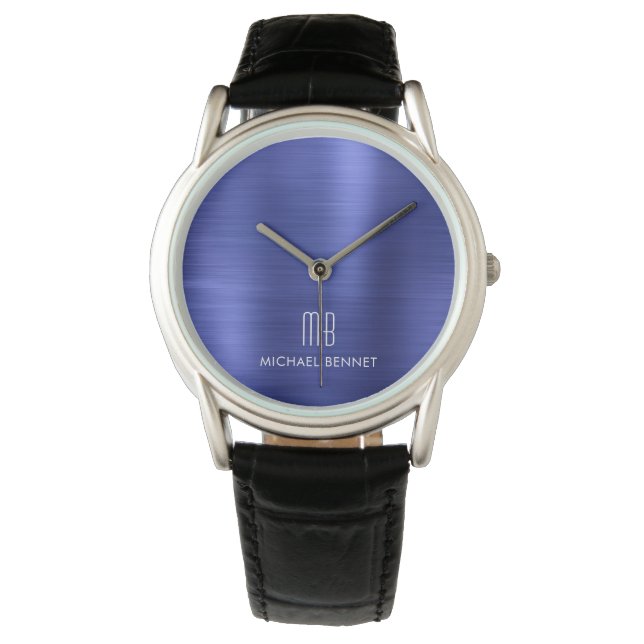 Reloj De Pulsera Elegante Monograma Azul Marino Metálico Bruñido (Anverso)
