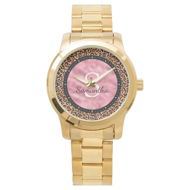 Reloj De Pulsera Elegante Monograma de nombre de leopardo de Reliev (Anverso)