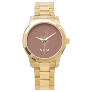 Reloj De Pulsera Elegante Monograma de Terracotta Floral Newlyweds