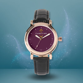 Reloj De Pulsera Elegante Monograma Dorado Borgoña Moderno