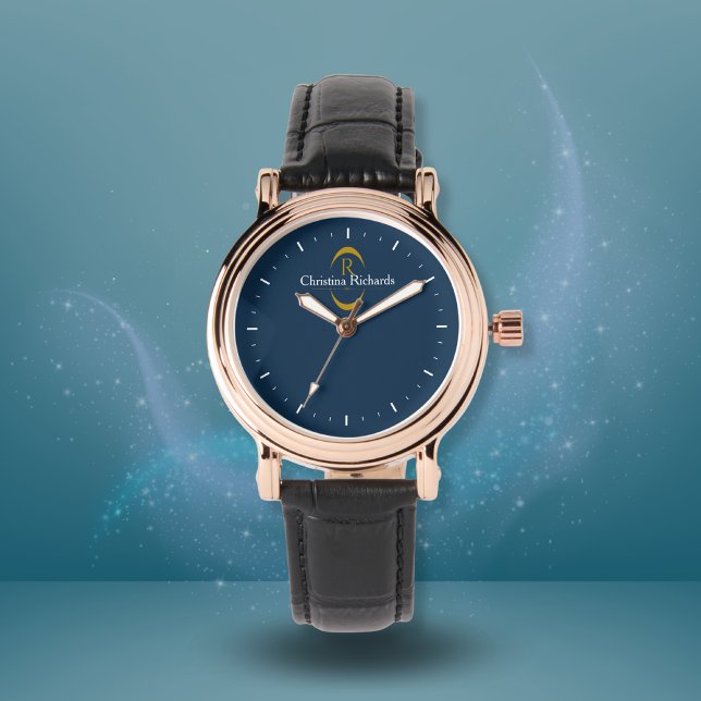 Reloj De Pulsera Elegante Monograma Dorado Marina Azul Moderno (Subido por el creador)