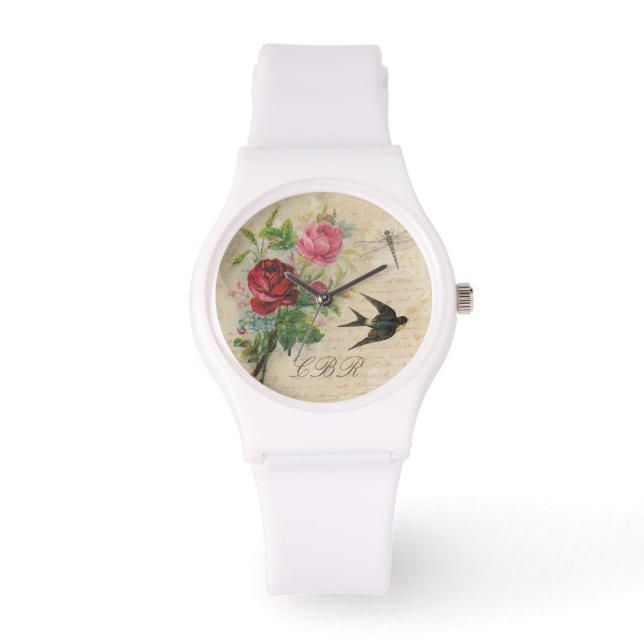 Reloj De Pulsera Elegante Monograma Floral Rosa Rosa Rosa Bird Drag (Anverso)