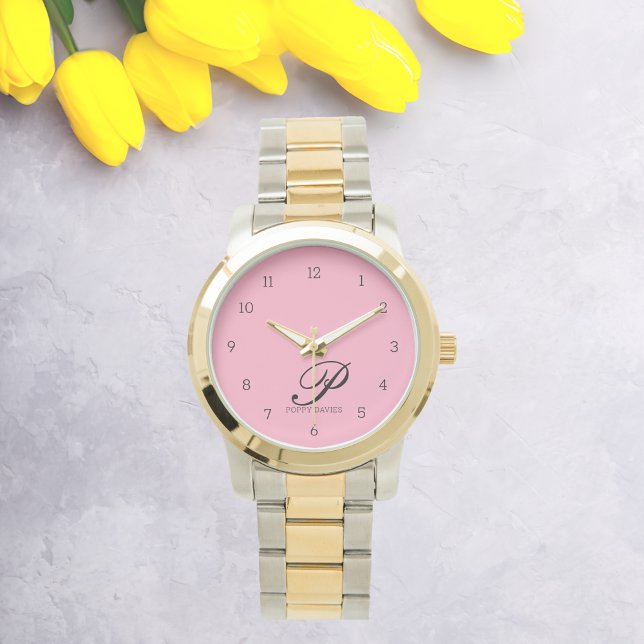 Reloj De Pulsera Elegante Monograma Inicial Rosa Moderno (Subido por el creador)