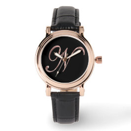 Reloj De Pulsera Elegante Monograma N Negro y Oro Rosa