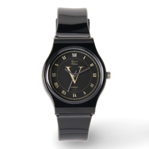 Reloj De Pulsera Elegante Monograma Negro Romano Faux Gold