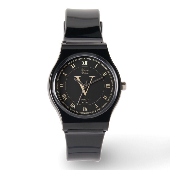 Reloj De Pulsera Elegante Monograma Negro Romano Faux Gold (Anverso)