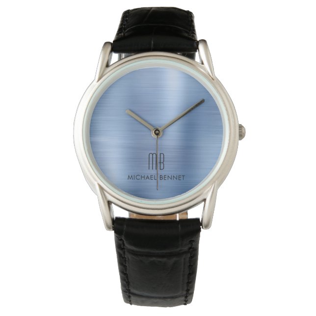 Reloj De Pulsera Elegante Monogramado Azul cepillado Metalizado (Anverso)