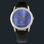 Reloj De Pulsera Elegante Monogramado Navy Blue Brushed Metallic<br><div class="desc">Elegante y personalizado reloj metálico de la Marina Monogramada Azul cepillado.</div>