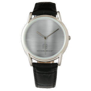 Reloj De Pulsera Elegante Monogramado Plata Gris Cepillado Metálico