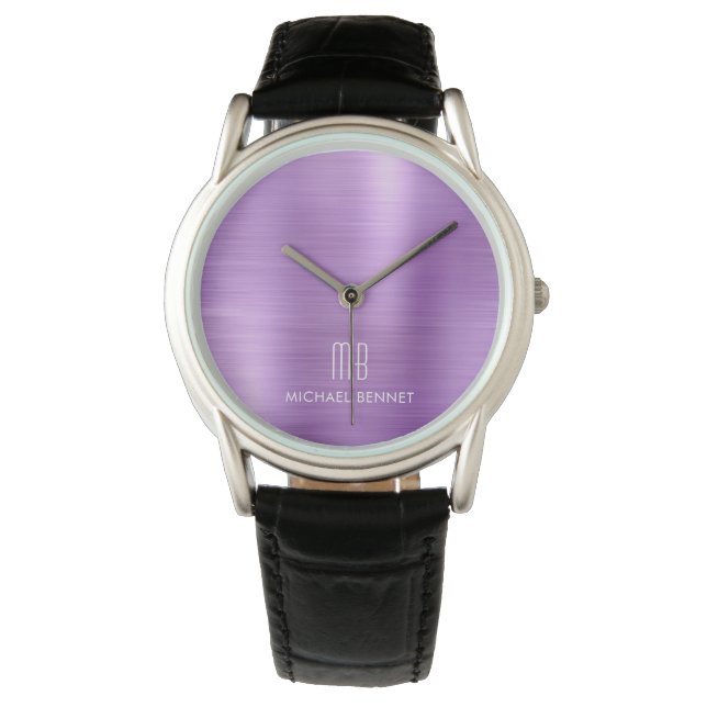 Reloj De Pulsera Elegante Monogramado Purple Brushic Metálico (Anverso)