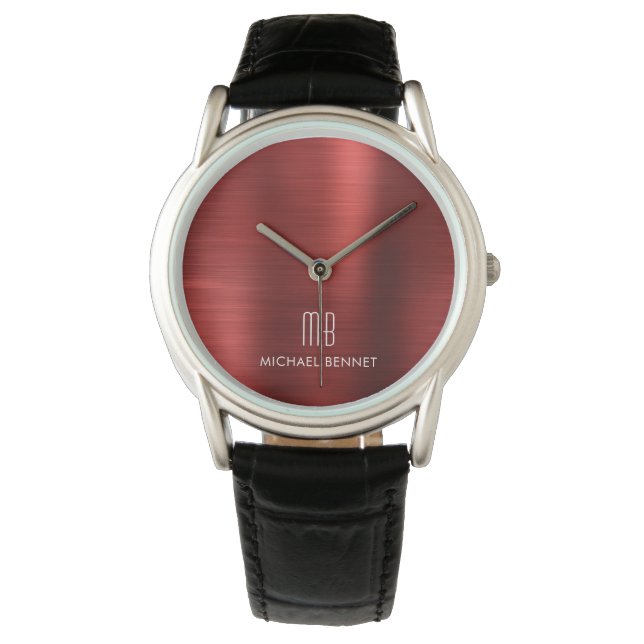 Reloj De Pulsera Elegante Monogramado Rojo Pincel metálico (Anverso)