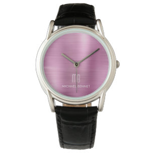 Reloj De Pulsera Elegante Monogramado Rosado Cepillado Metálico