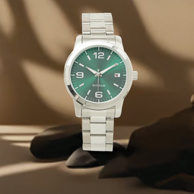 Reloj De Pulsera Elegante Monogramado Verde Cepillado metálico (Subido por el creador)