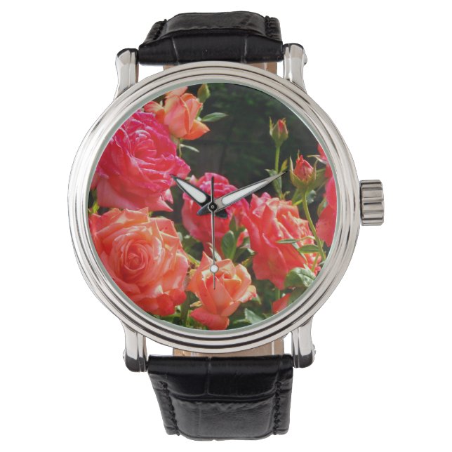 Reloj De Pulsera Elegante naranja rojo rosas de coral rosa jardín (Anverso)