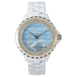 Reloj De Pulsera Elegante nombre personalizado de cisne blanco