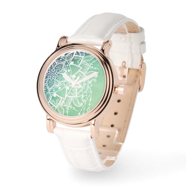 Reloj De Pulsera Elegante Ornate Zen Mandala Rosette Tonos verdes (Ángulo)