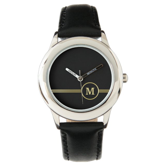 Reloj De Pulsera Elegante oro Monograma personalizado sobre negro (Anverso)