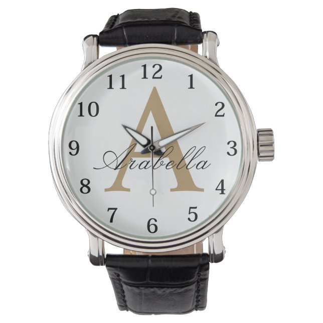 Reloj De Pulsera Elegante oro negro Monograma personalizado Nombre  (Anverso)
