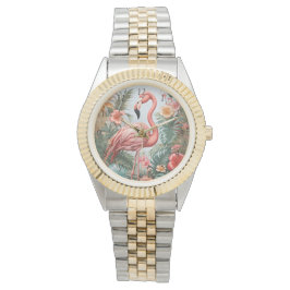 Reloj De Pulsera Elegante pájaro rosa flamenco y flores tropicales