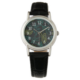 Reloj De Pulsera Elegante patrón botánico de hojas verdes y amarill