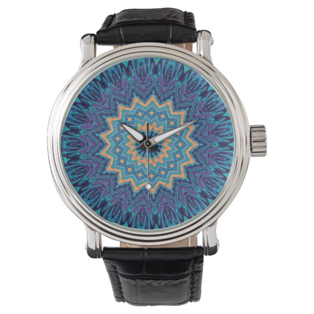 Reloj De Pulsera elegante patrón de alfombra de mandala azul (Anverso)