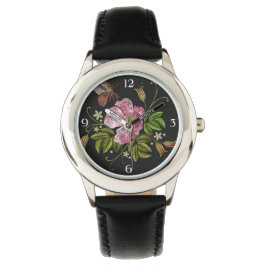 Reloj De Pulsera Elegante patrón de bordado floral sobre fondo negr