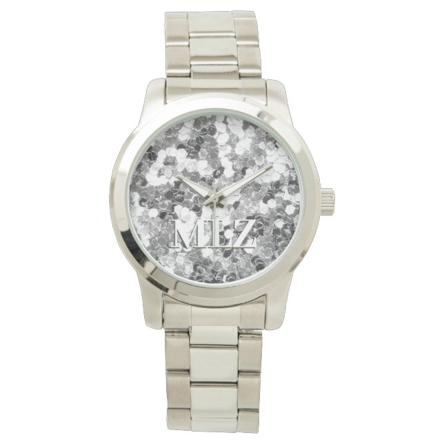 Reloj De Pulsera Elegante Personalizado Monograma Plata Purpurina A (Anverso)