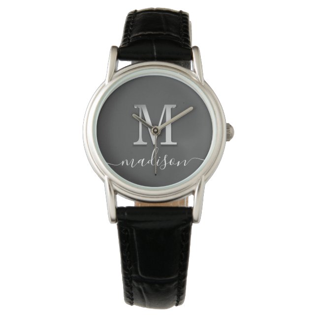 Reloj De Pulsera Elegante Personalizado plateado Monograma M Nombre (Anverso)