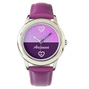 Reloj De Pulsera Elegante Purple Faux Purpurina Girly Nombre Rosa G