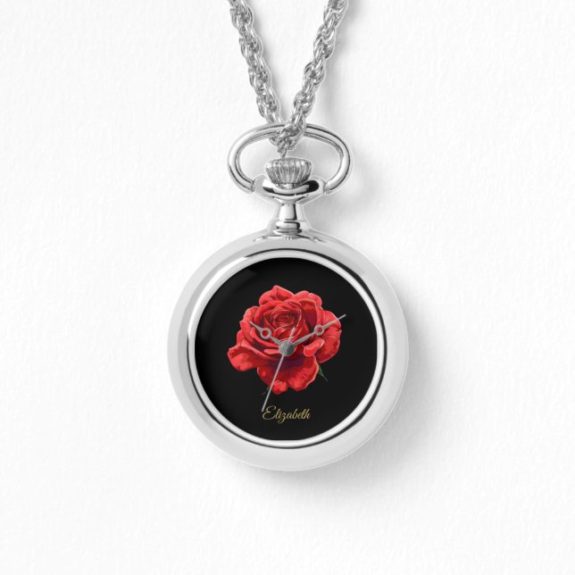 Reloj De Pulsera Elegante Red Rose Floral Design Nombre personaliza (Anverso)