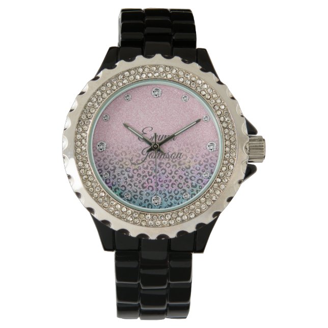 Reloj De Pulsera Elegante Rosa Dorado Brillo Iridescente Estampado  (Anverso)