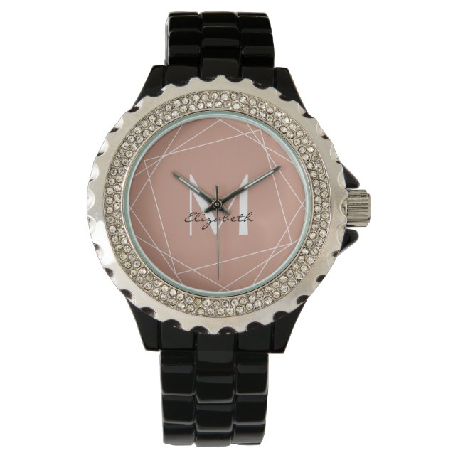 Reloj De Pulsera Elegante Rosa dorado Monograma Script (Anverso)