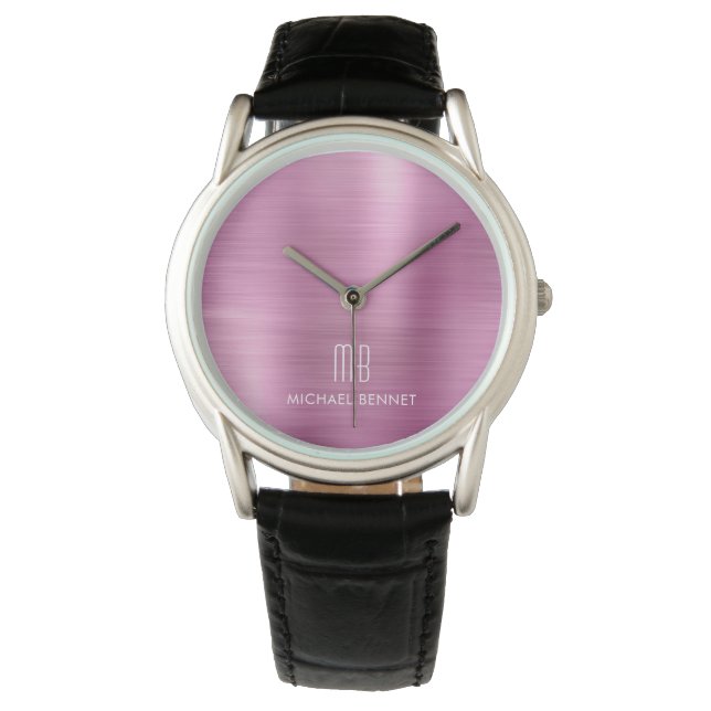 Reloj De Pulsera Elegante Rosa Metálico Cepillado con Monograma (Anverso)
