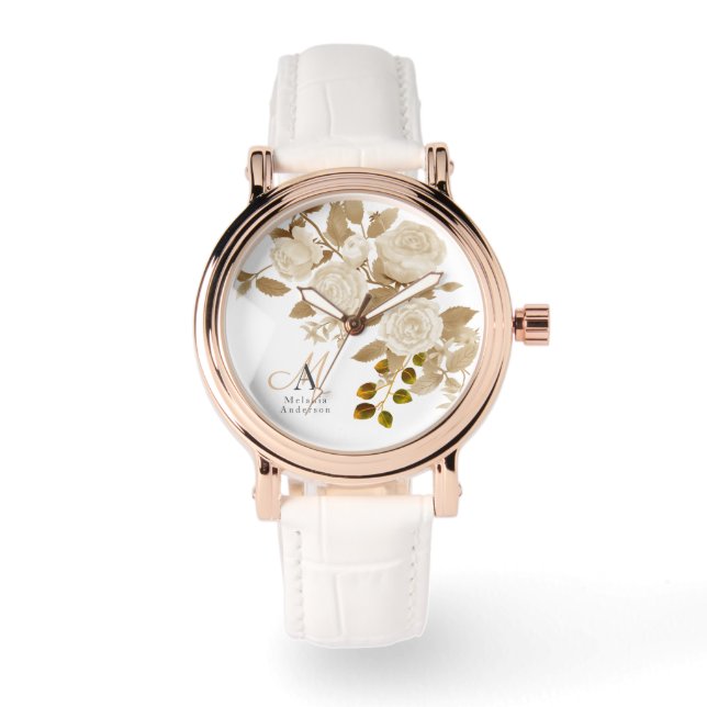 Reloj De Pulsera Elegante Rosa Monograma Blanco (Anverso)