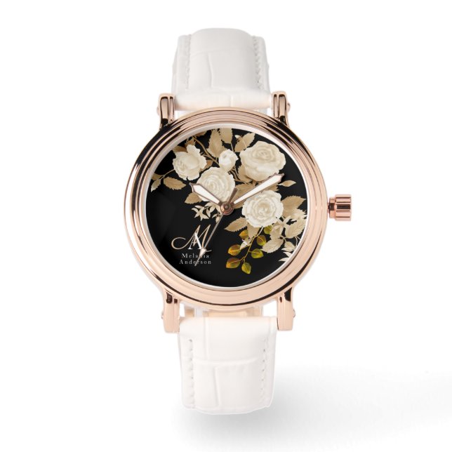 Reloj De Pulsera Elegante Rosa Monograma Negro (Anverso)