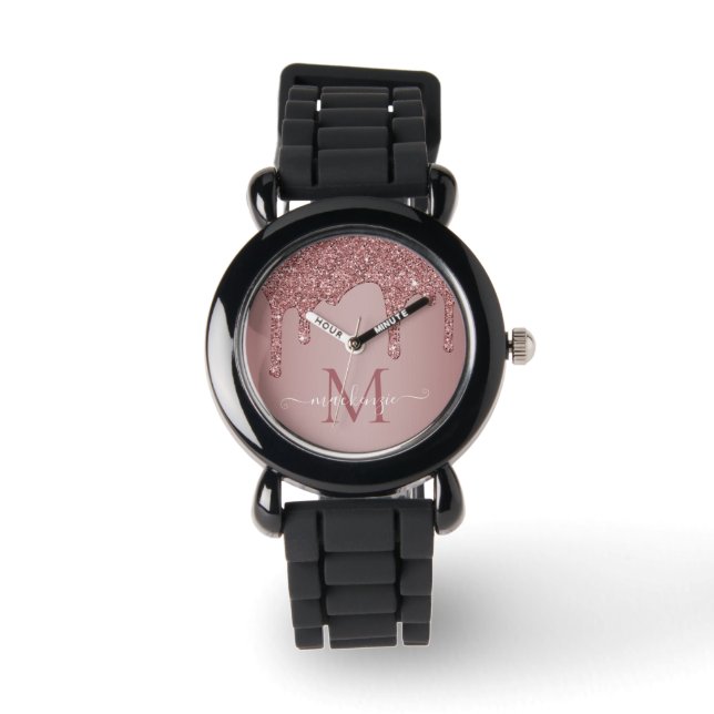 Reloj De Pulsera Elegante Rosa Purpurina de espuma de oro goteo Mon (Anverso)