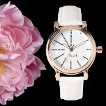 Reloj De Pulsera Elegante y elegante Rosa de oro<br><div class="desc">Crea tu propio personalizado, personalizado, elegante y elegante diseño fresco, elegante y elegante, elegante diseño moderno de triángulos de diseño negro y blanco, monogramado, mujeres damas rosa oro retro estilo vintage estilo reloj de correa de cuero blanco. Simplemente escriba su nombre / monograma / iniciales, al personalizar. Hace un gran...</div>