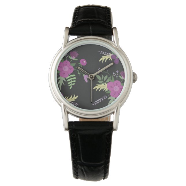 Reloj De Pulsera Elegantes flores púrpuras arte en negro (Anverso)