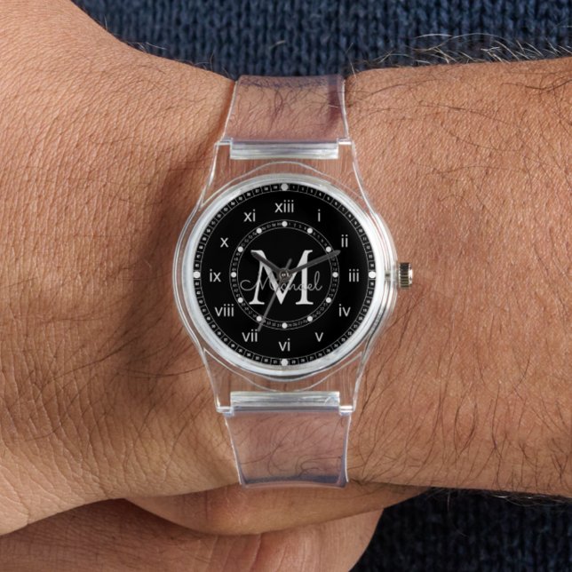 Reloj De Pulsera elegantes groomsmen monograma negro y blanco (Subido por el creador)