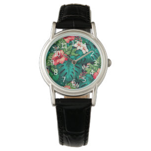 Reloj De Pulsera Elegantes hojas tropicales y flores hibiscus  