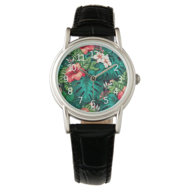 Reloj De Pulsera Elegantes hojas tropicales y flores hibiscus | (Anverso)